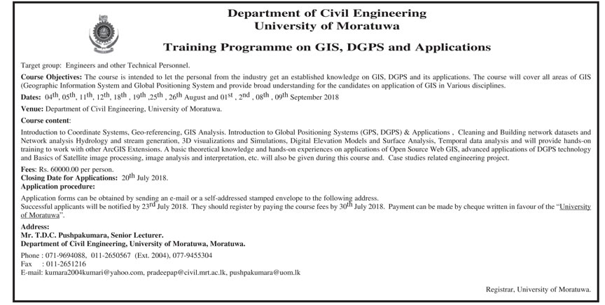 Training Programme on GIS, DGPS & Applications - Department of Civil Engineering - University of Moratuwa